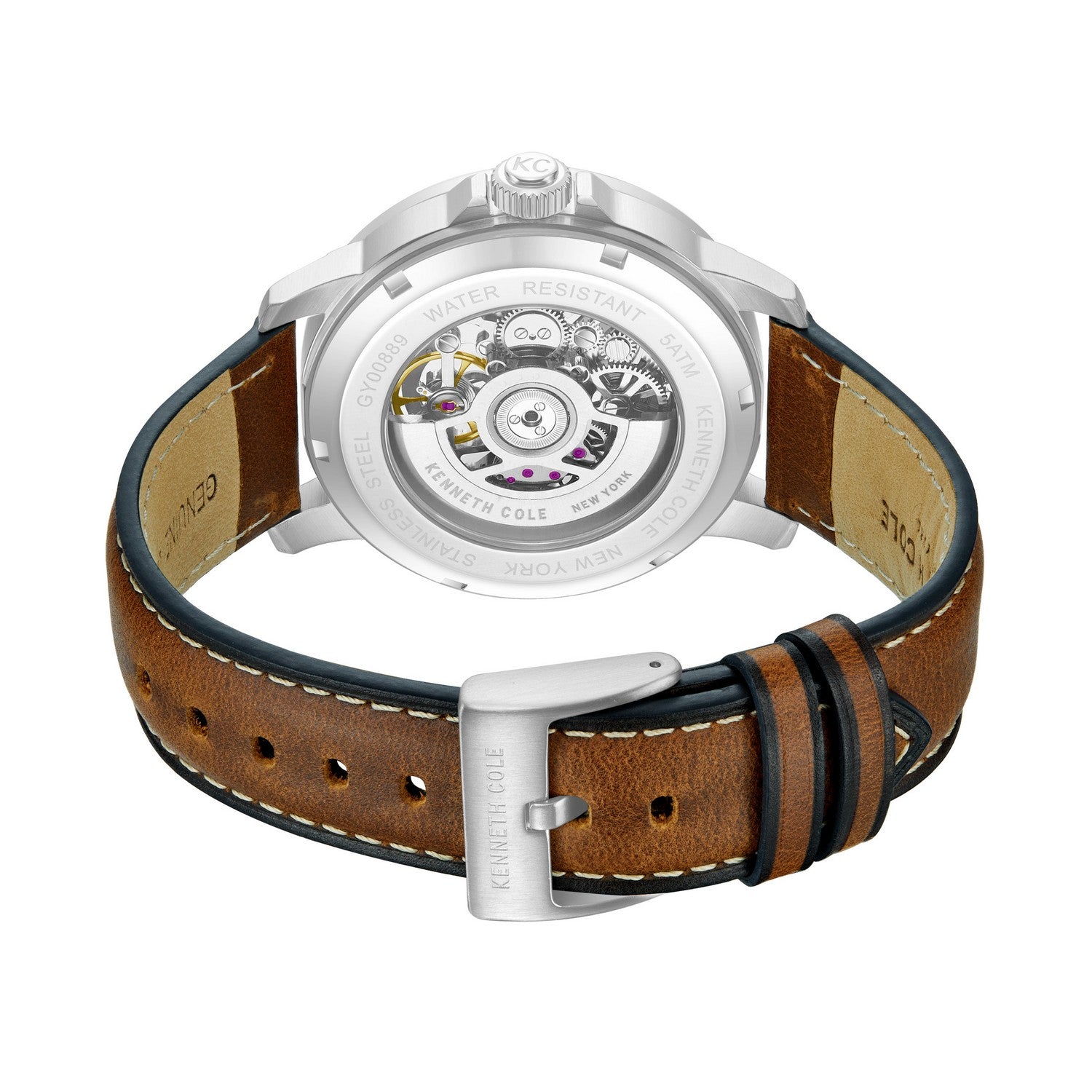 Watch with brown leather strap and silver case on a white background