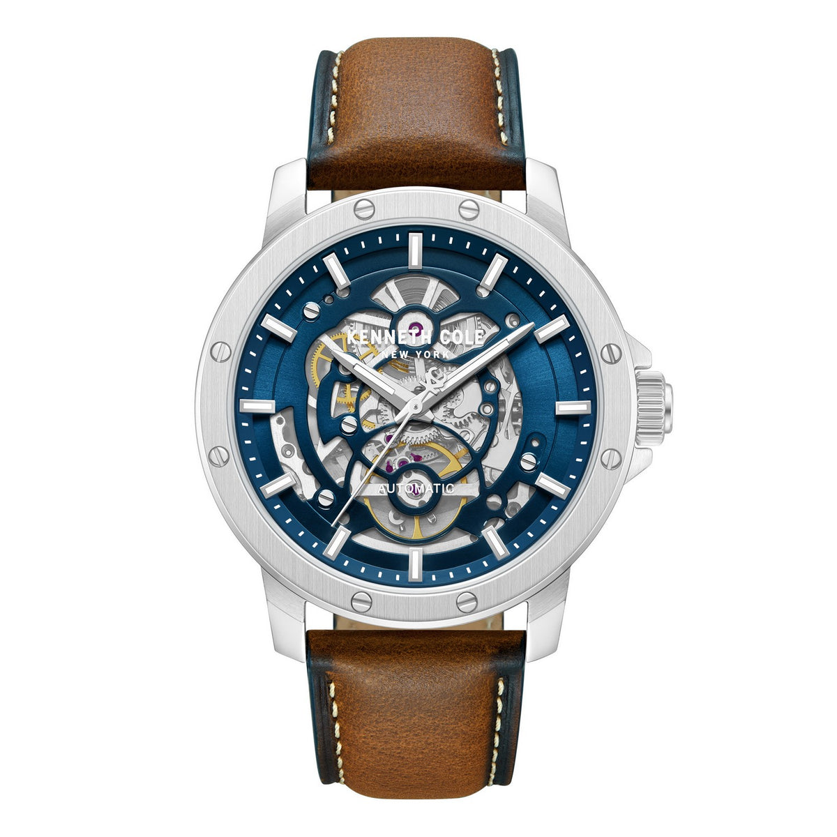 Watch with brown leather strap and blue face on a white background