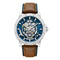 Watch with brown leather strap and blue face on a white background