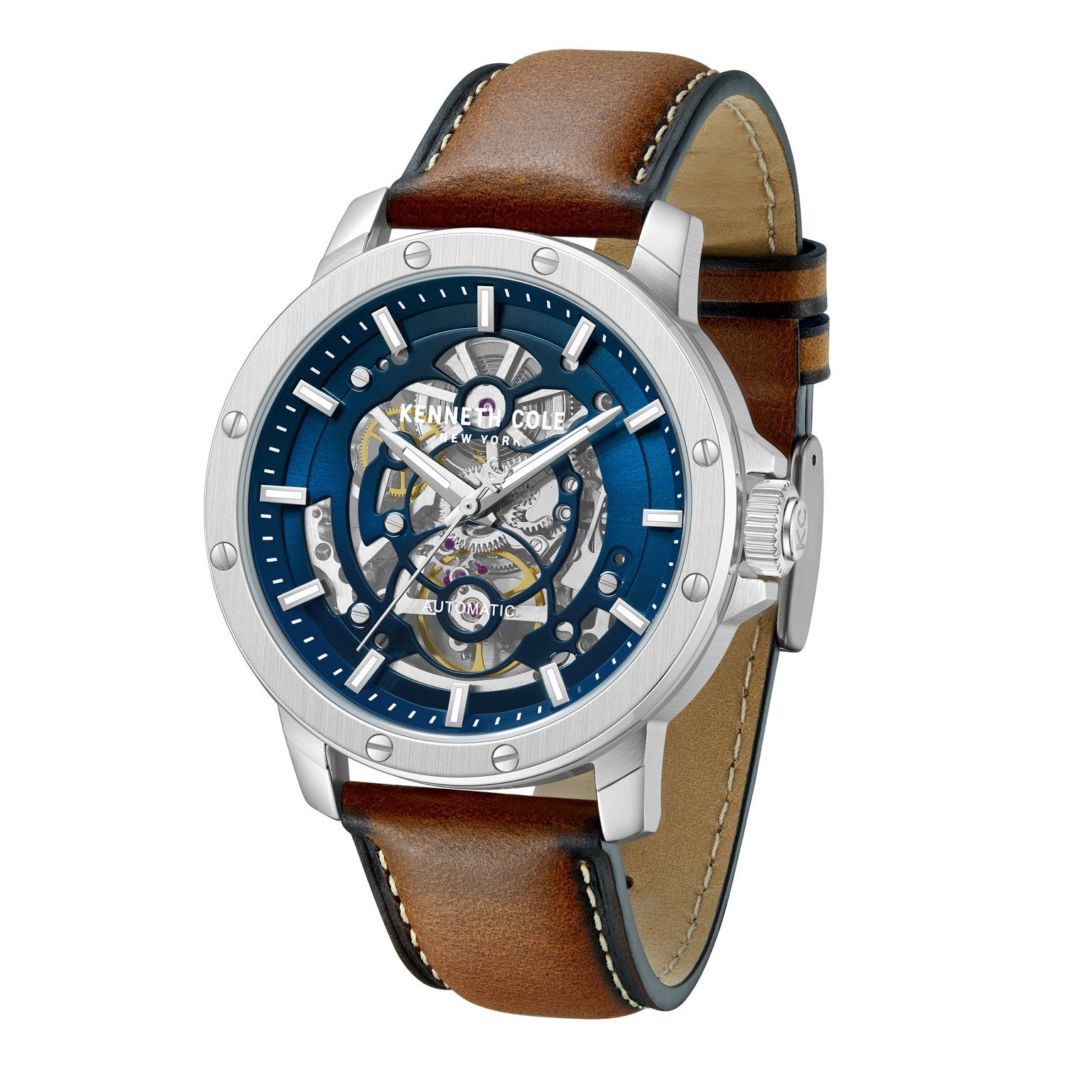 Watch with brown leather strap and blue face on a white background