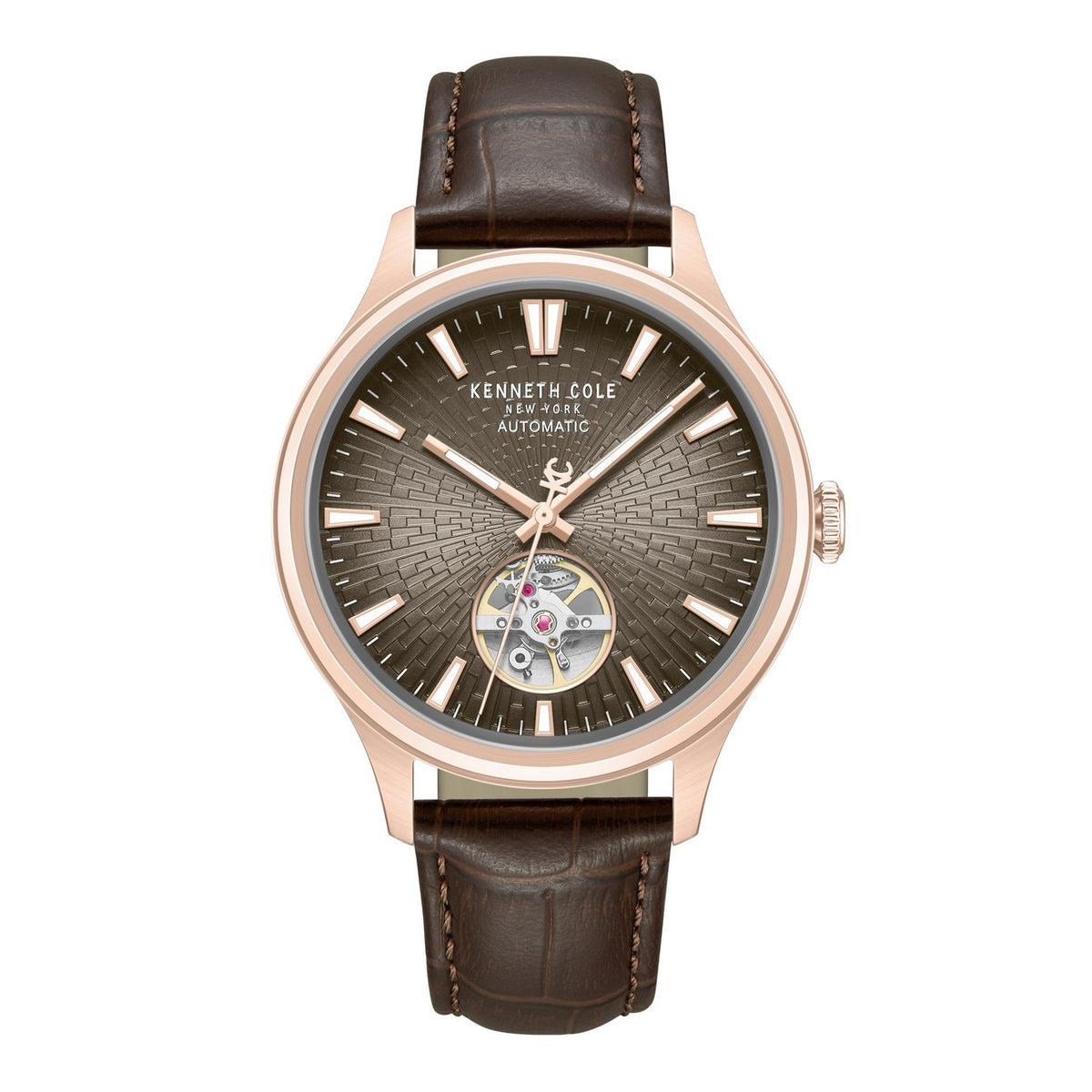 Kenneth Cole watch with brown leather strap and rose gold case on white background