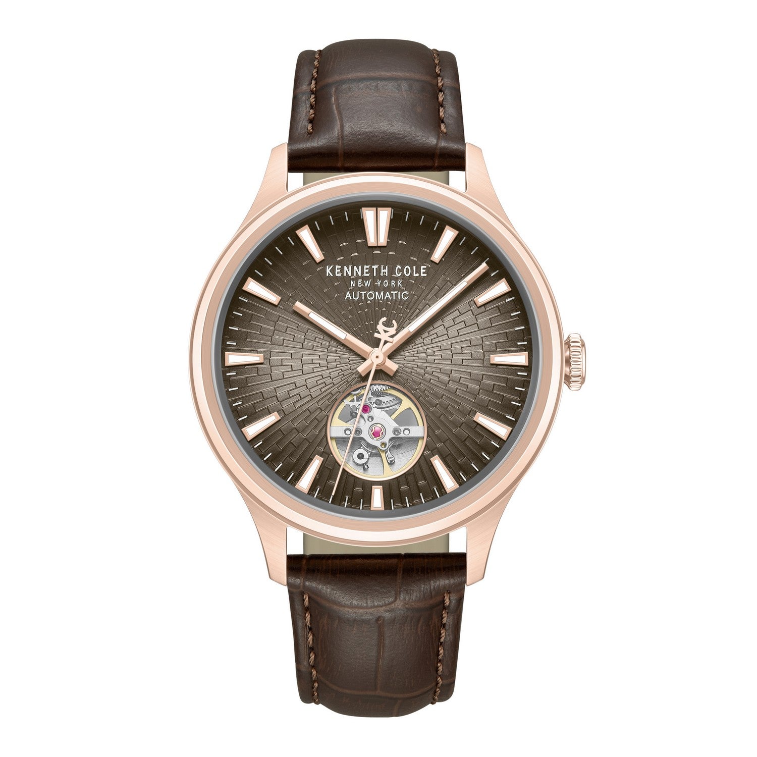 Kenneth Cole watch with brown leather strap and rose gold case on white background