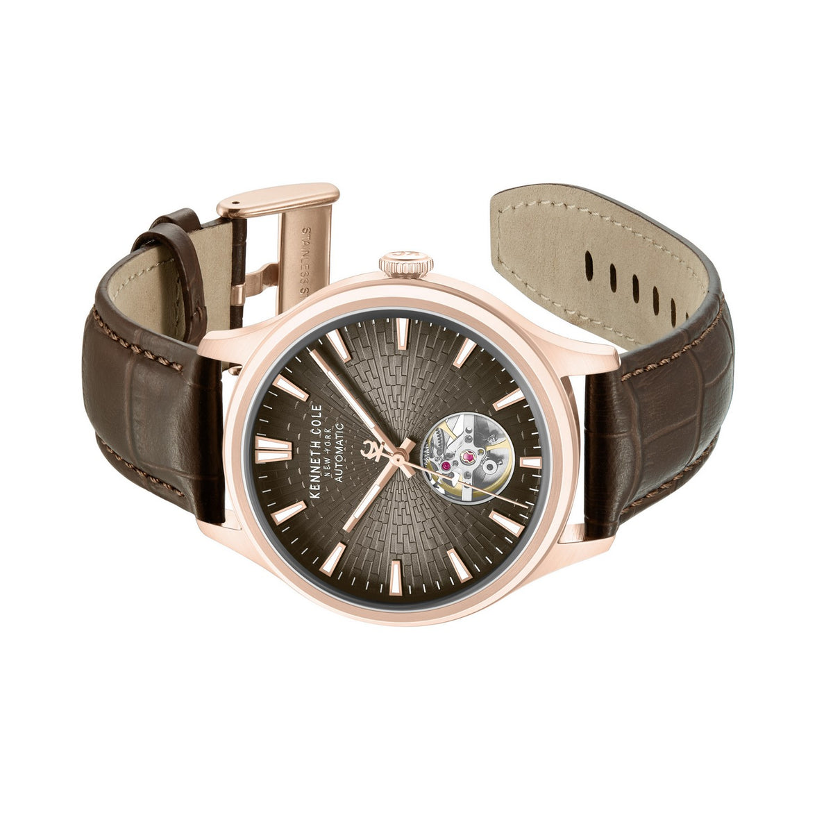 Wristwatch with brown leather strap and rose gold case on white background