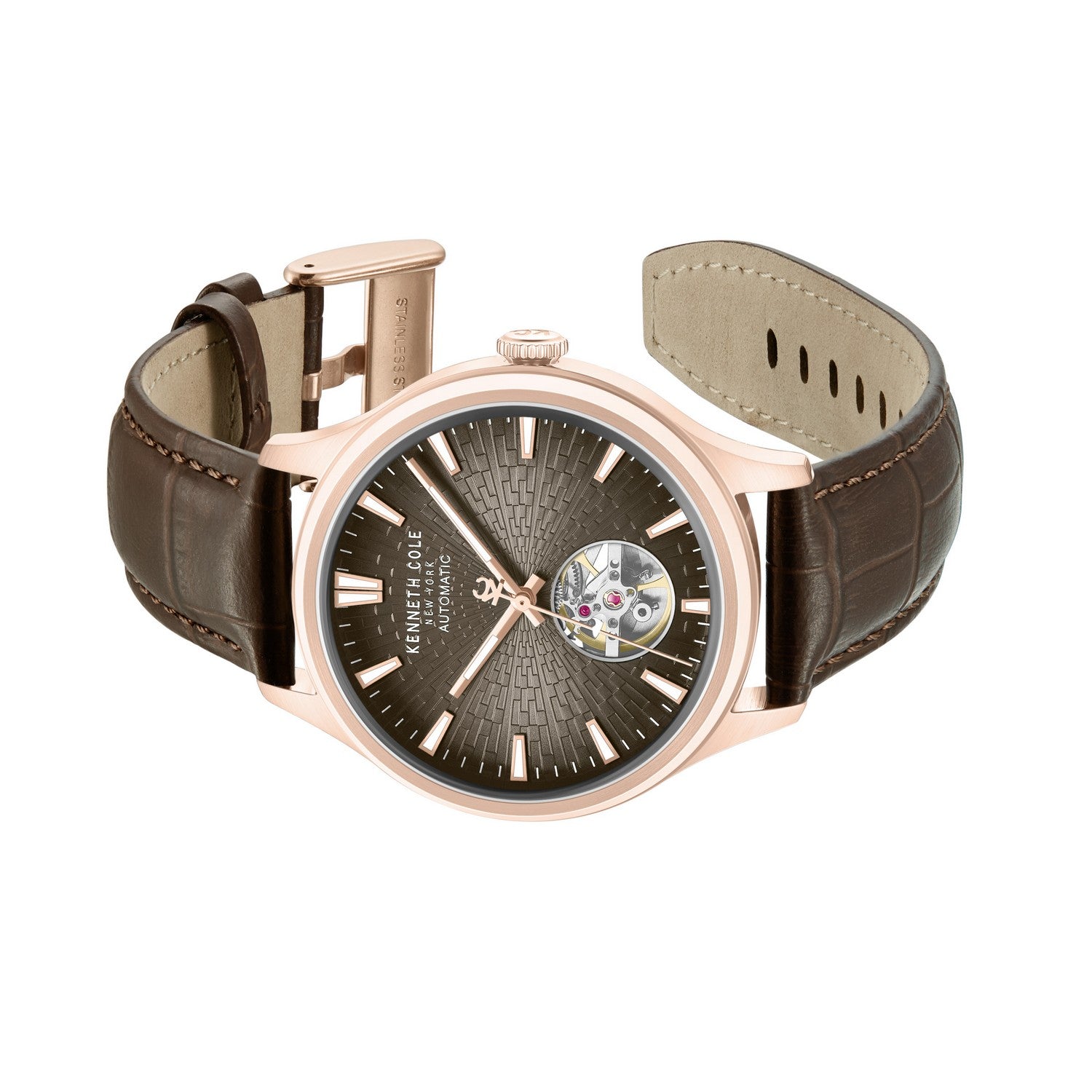 Wristwatch with brown leather strap and rose gold case on white background