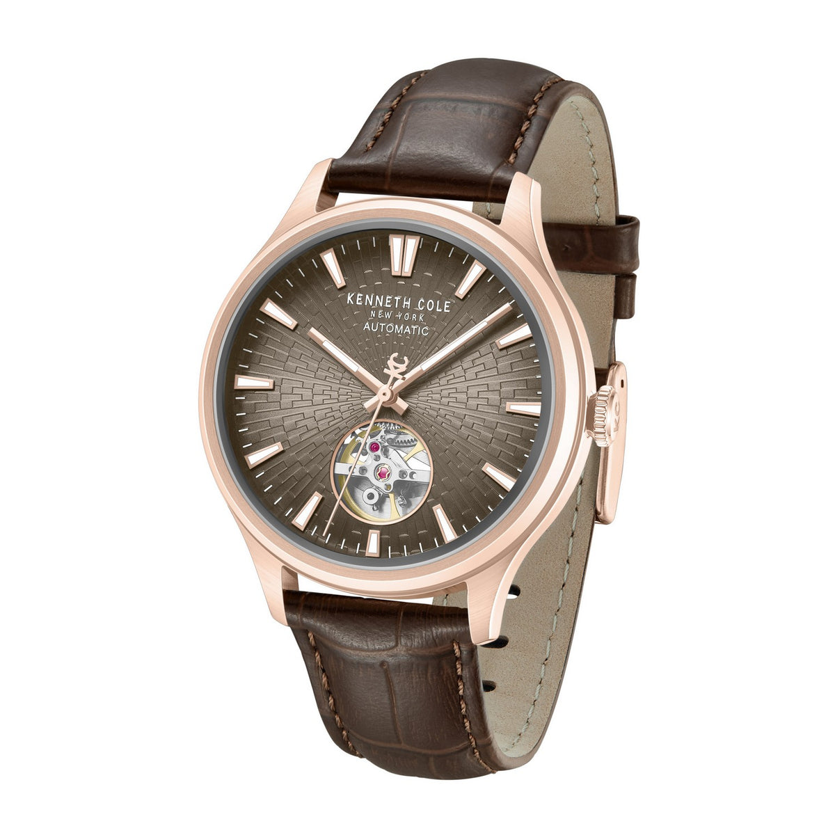 Kenneth Cole watch with brown leather strap and rose gold case on white background