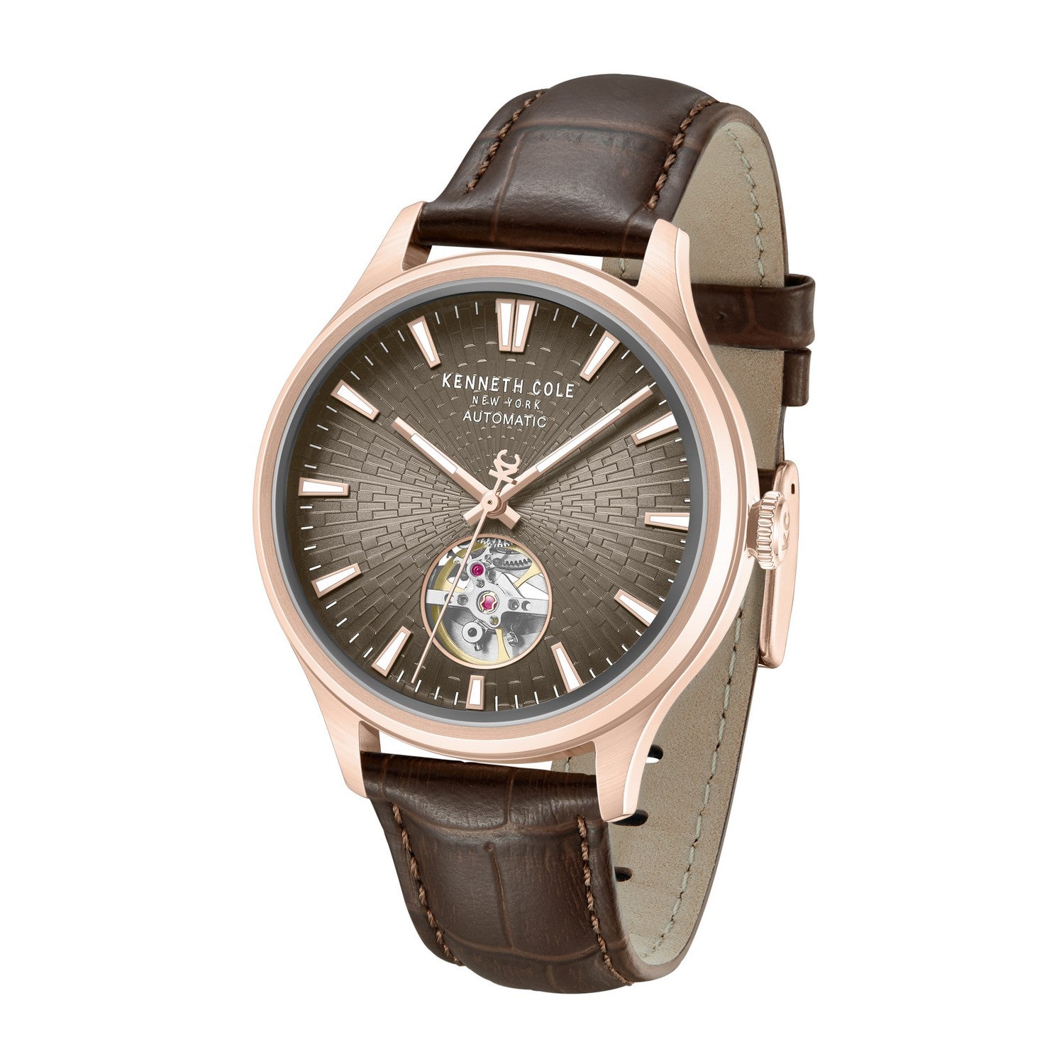 Kenneth Cole watch with brown leather strap and rose gold case on white background