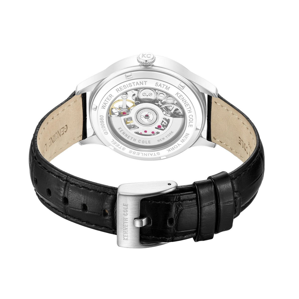 Watch with black leather strap and visible mechanical components on a white background