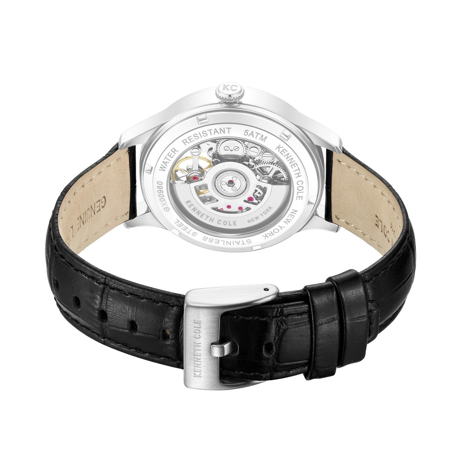Watch with black leather strap and visible mechanical components on a white background