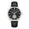 Kenneth Cole watch with black leather strap and black dial on a white background
