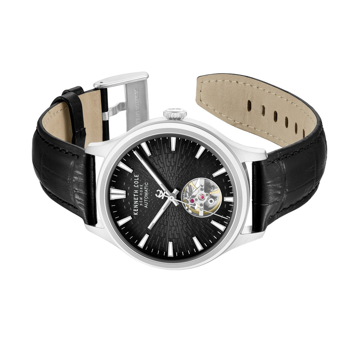 Wristwatch with black leather strap and black dial on a white background