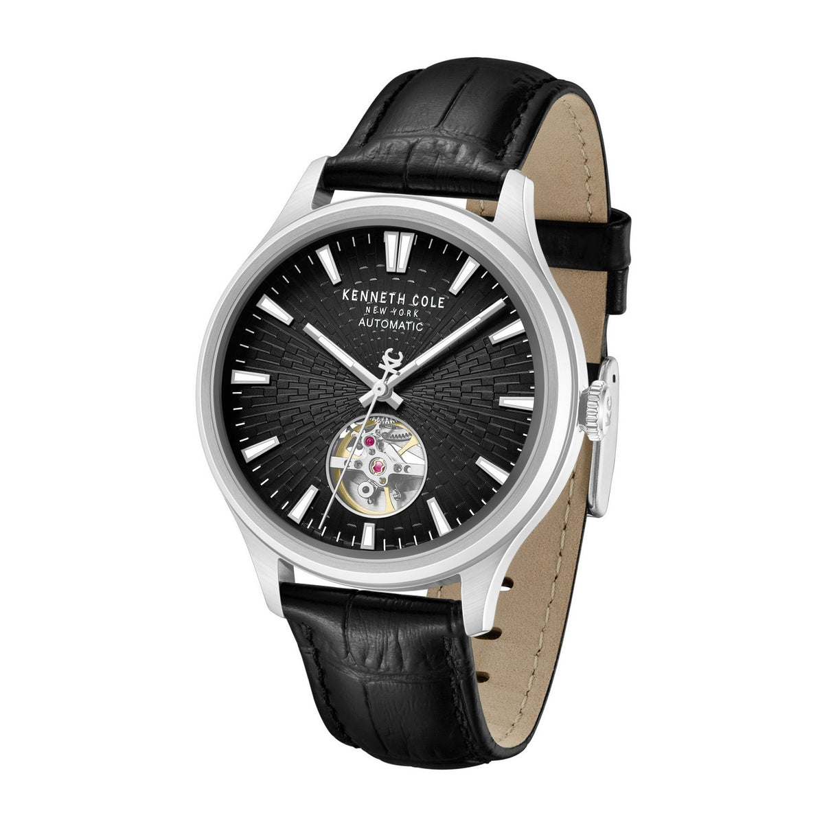 Kenneth Cole watch with black leather strap and visible mechanical components on a white background