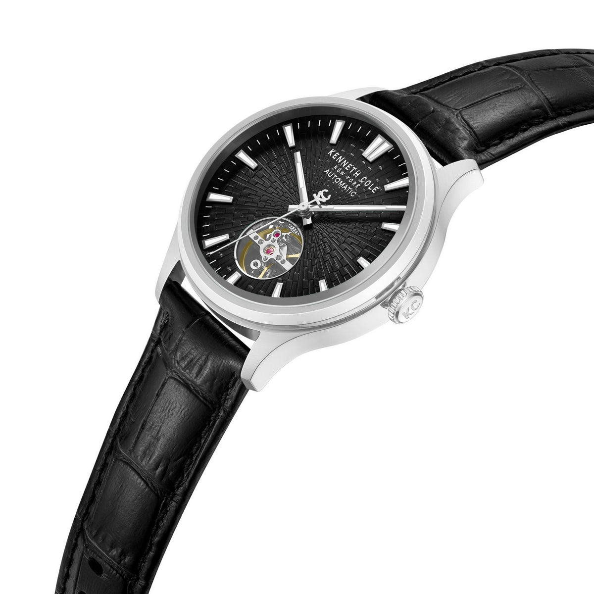 Wristwatch with black leather strap and black dial on a white background
