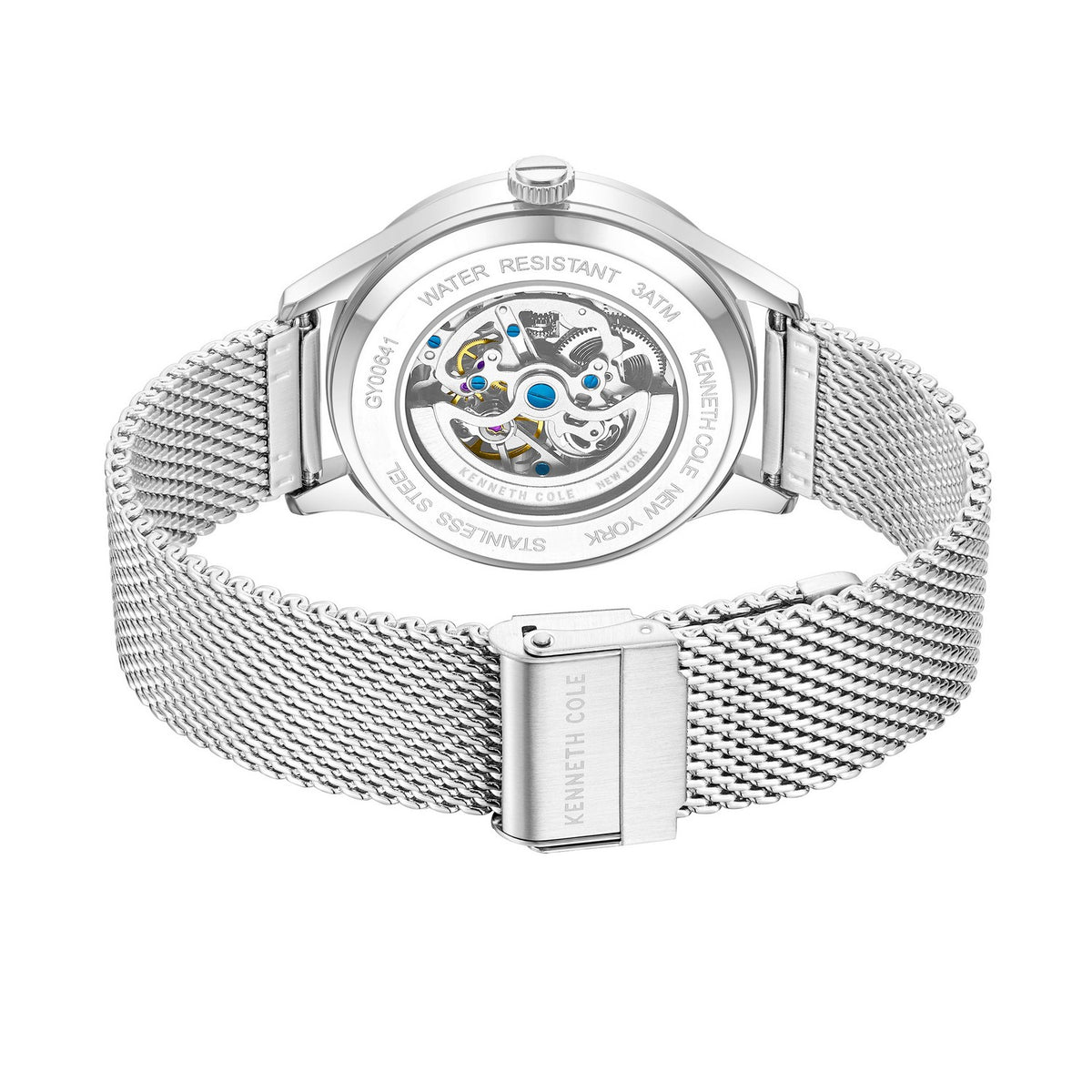 Silver watch with mesh band on a white background