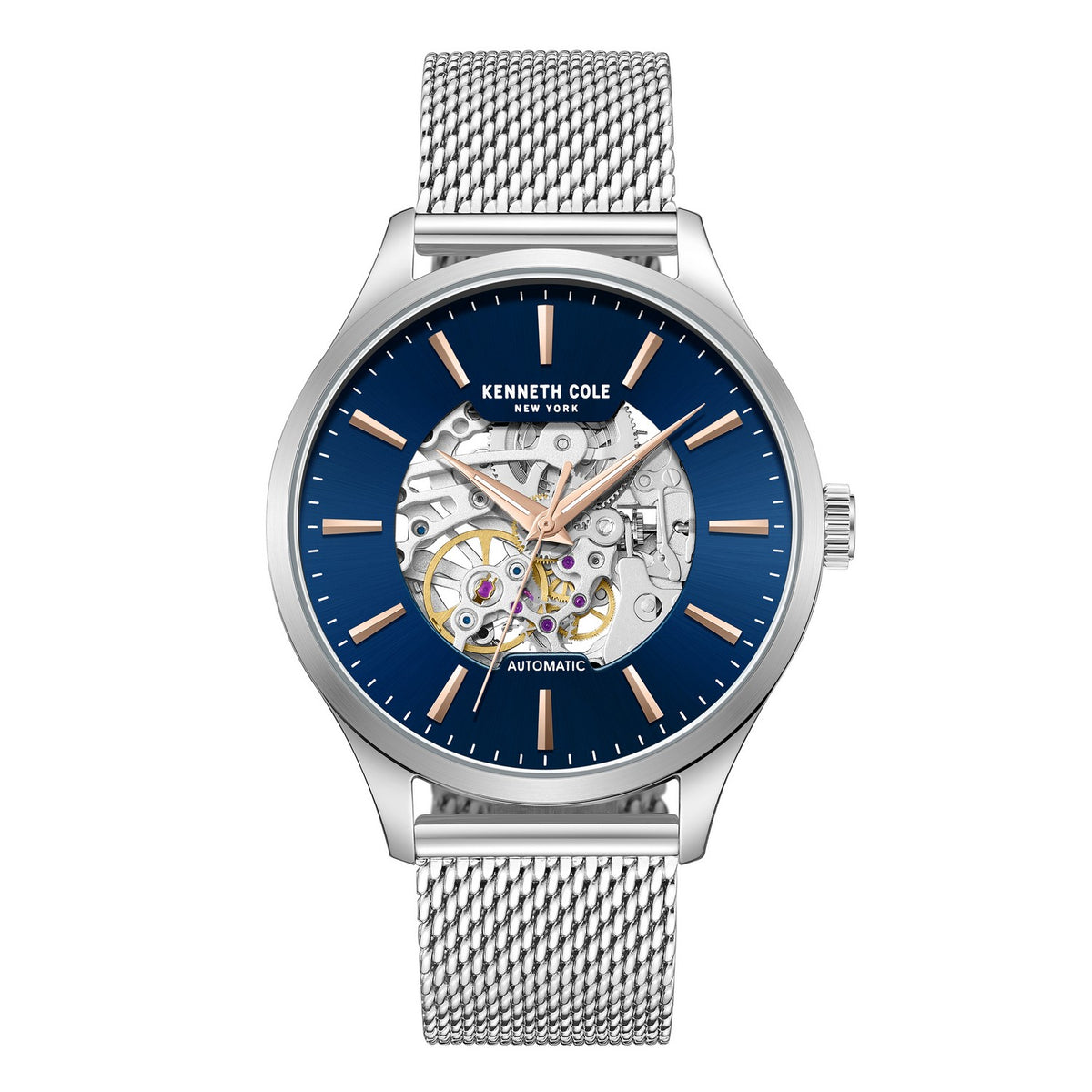 Kenneth Cole watch with blue dial and silver mesh band on white background