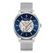 Kenneth Cole watch with blue dial and silver mesh band on white background