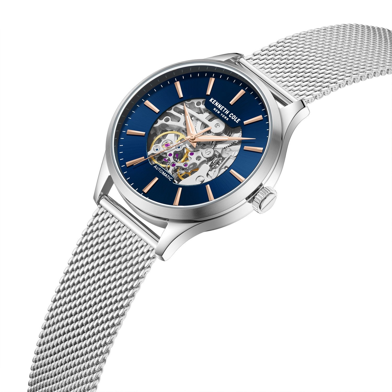 Kenneth Cole watch with blue dial and silver mesh band on white background