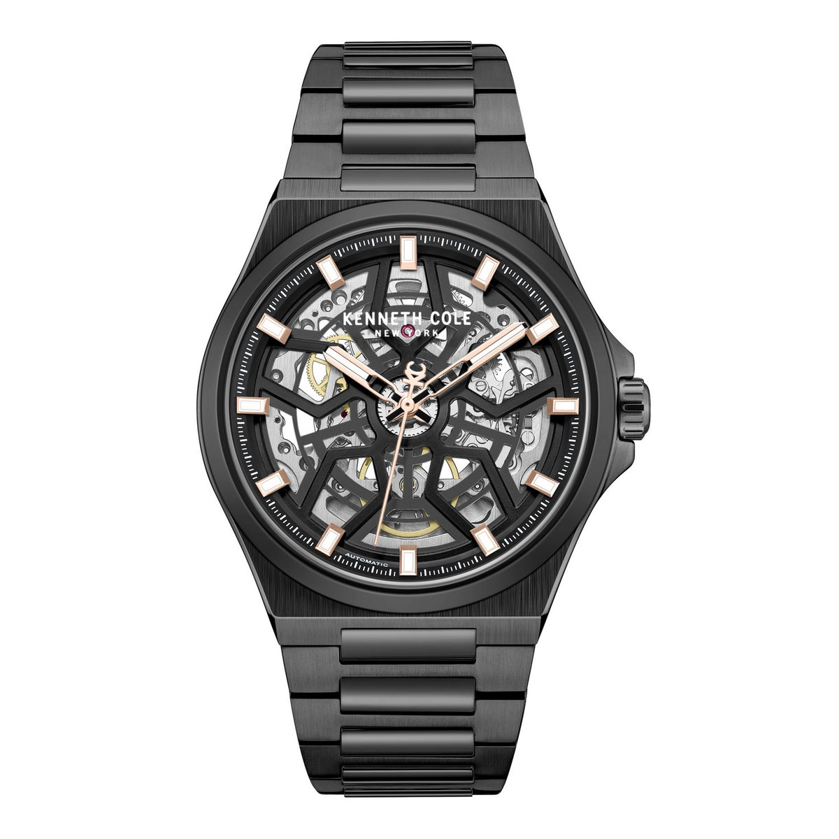 Black Kenneth Cole watch with a detailed face on a white background