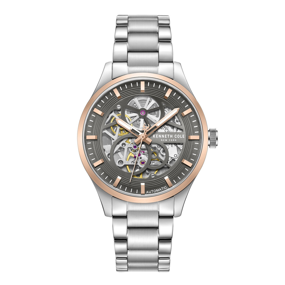 Kenneth Cole watch with silver and rose gold design on a white background