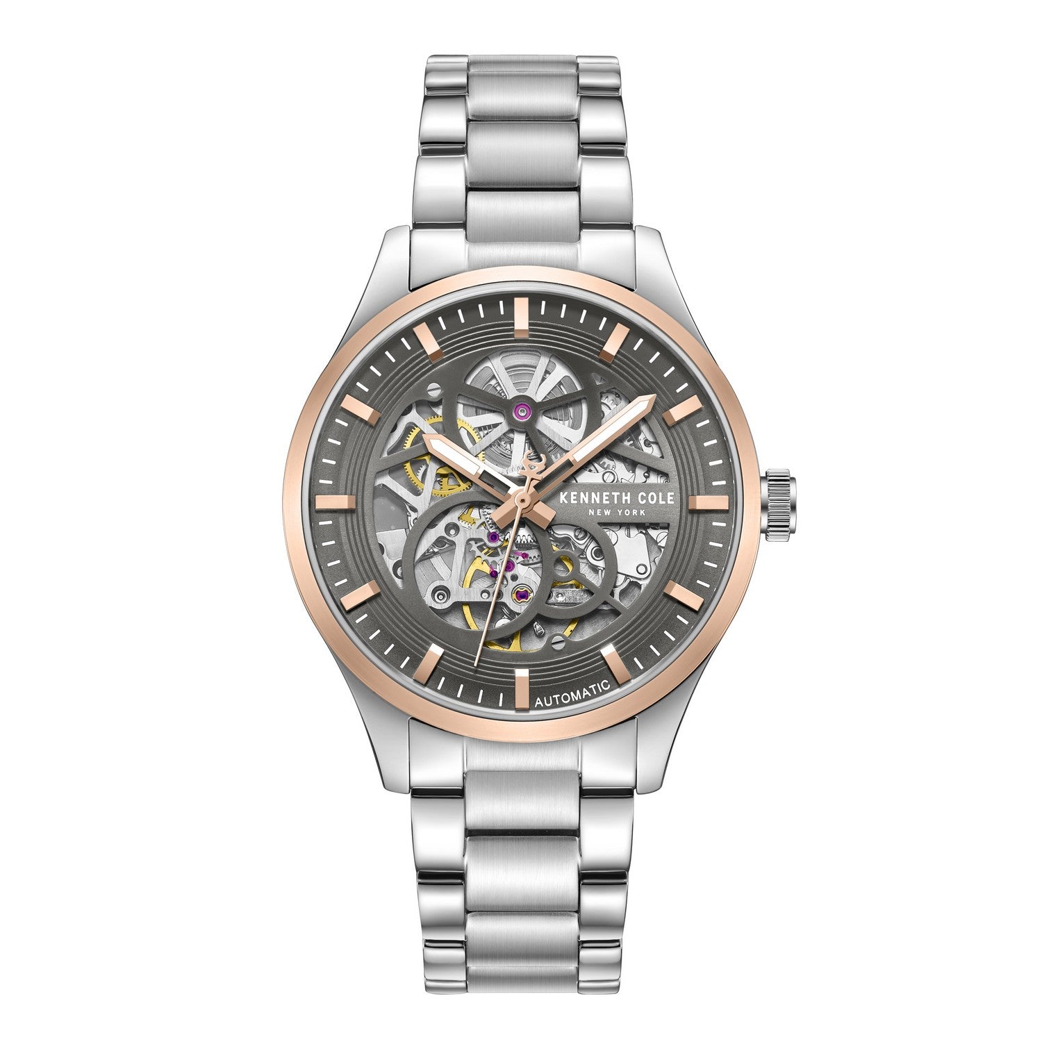 Kenneth Cole watch with silver and rose gold design on a white background