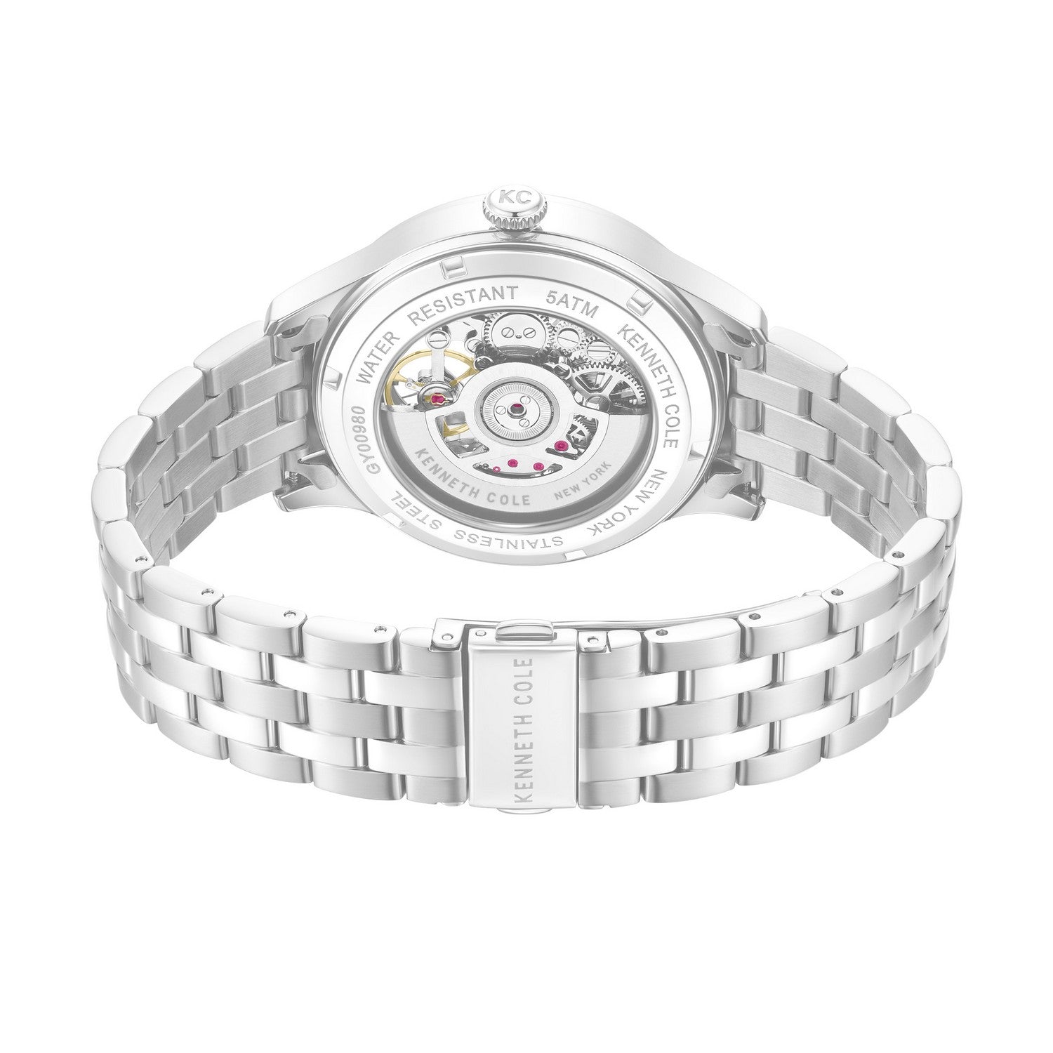 Silver watch with open face design on a white background