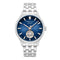 Kenneth Cole watch with blue face and silver bracelet on white background
