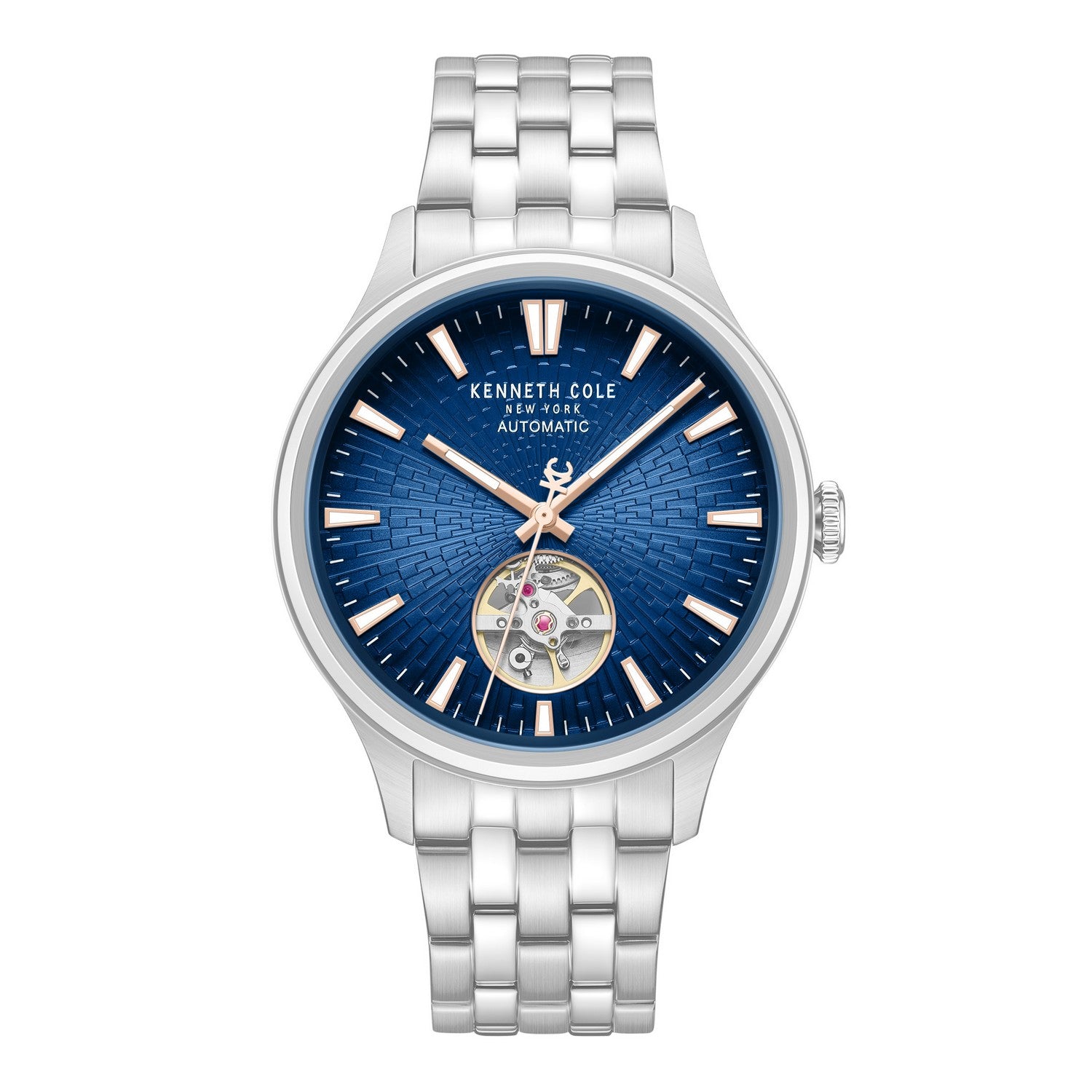 Kenneth Cole watch with blue face and silver bracelet on white background