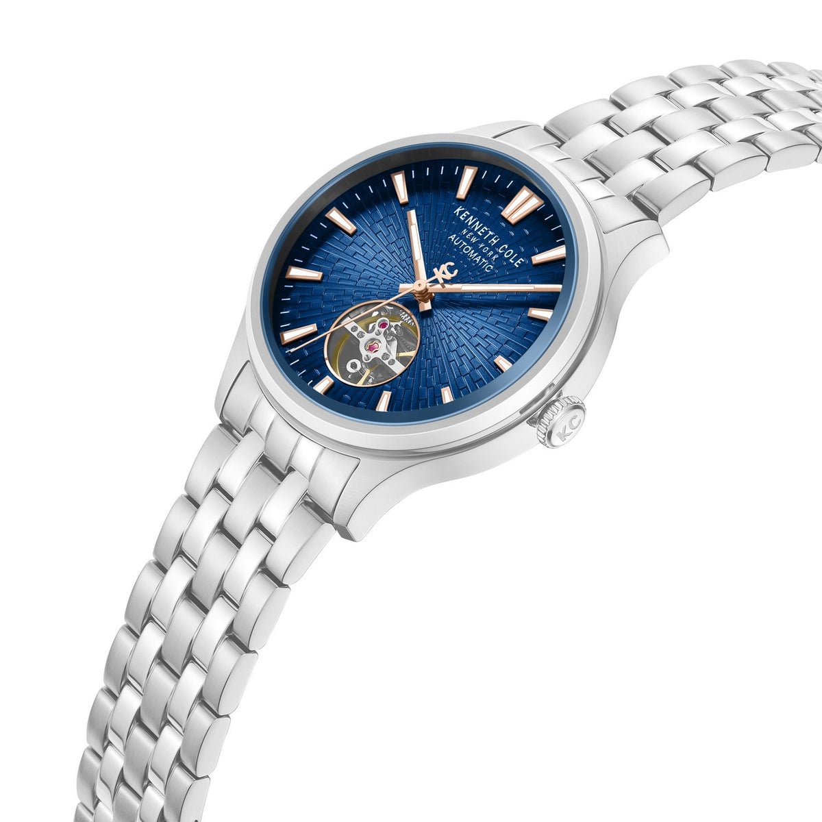 Silver watch with blue face and brand logo on a white background