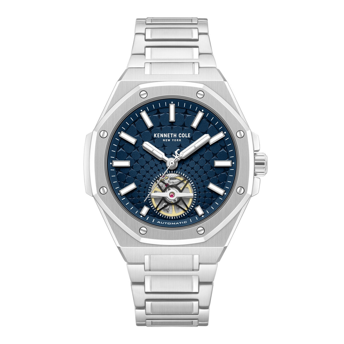 Silver watch with a blue face on a white background