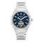 Silver watch with a blue face on a white background