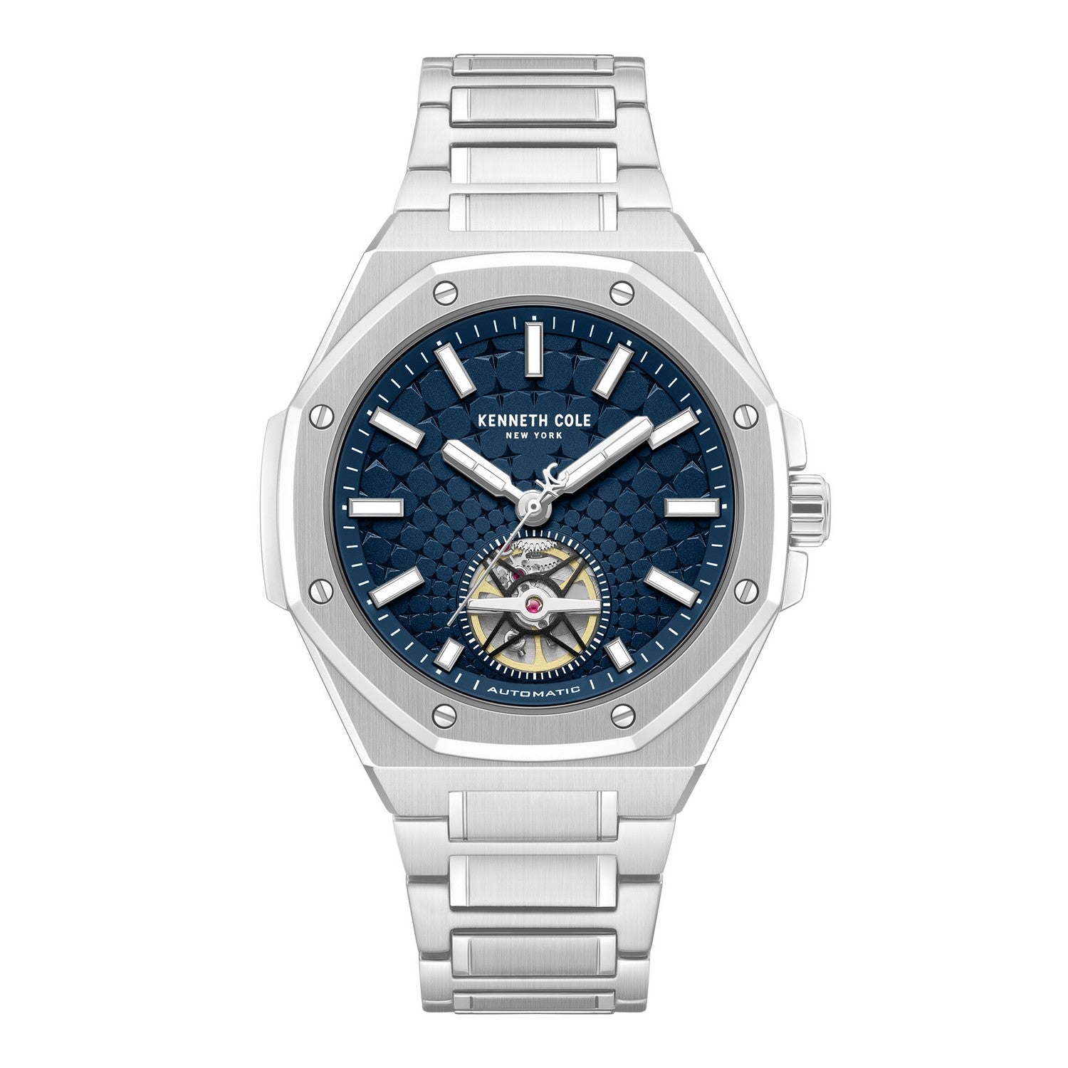 Silver watch with a blue face on a white background