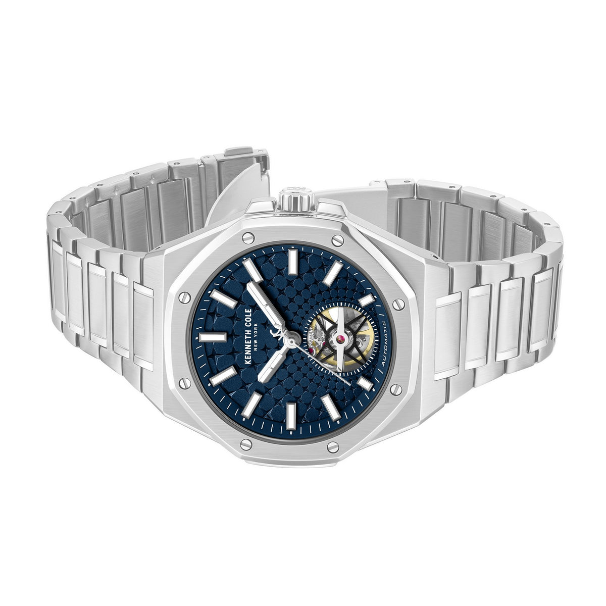 Silver watch with a blue face on a white background
