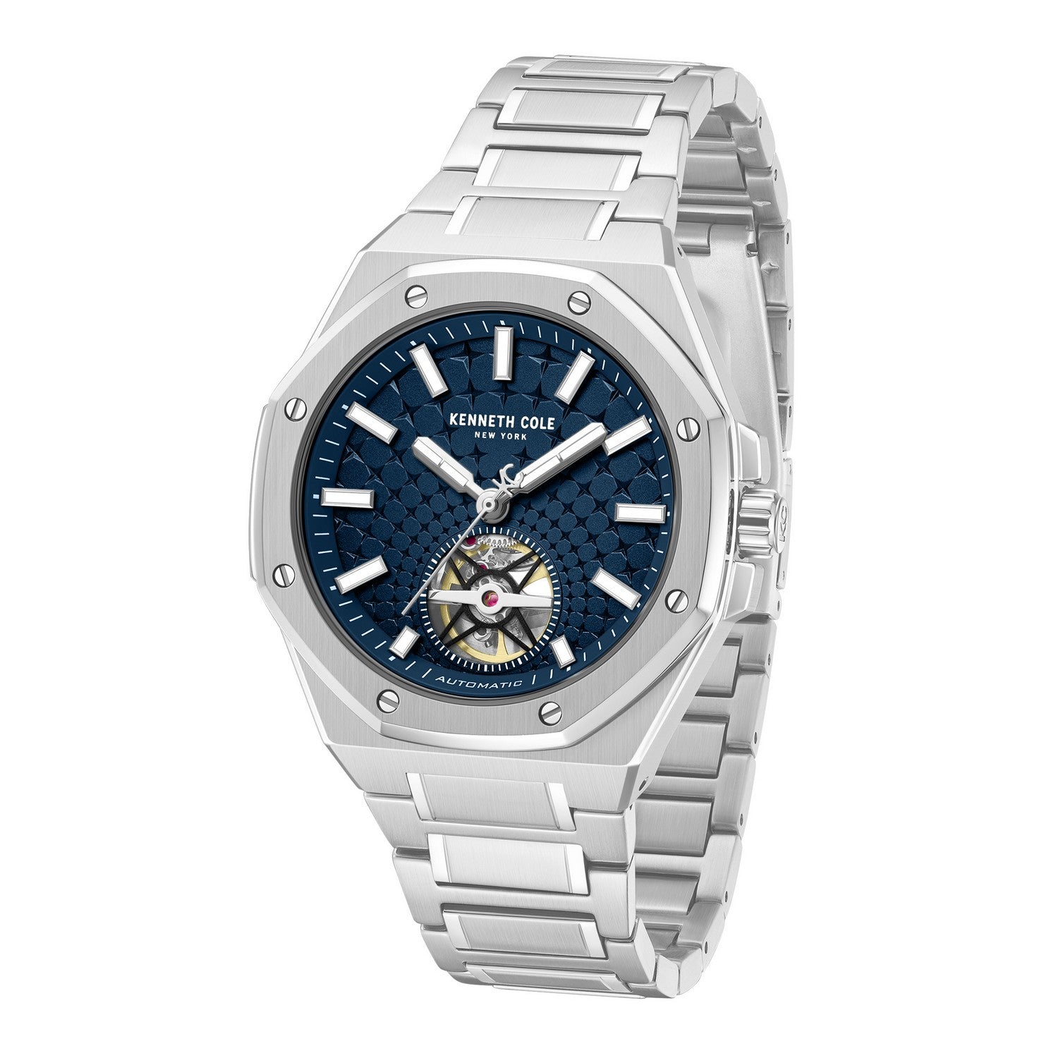 Silver watch with a blue face on a white background