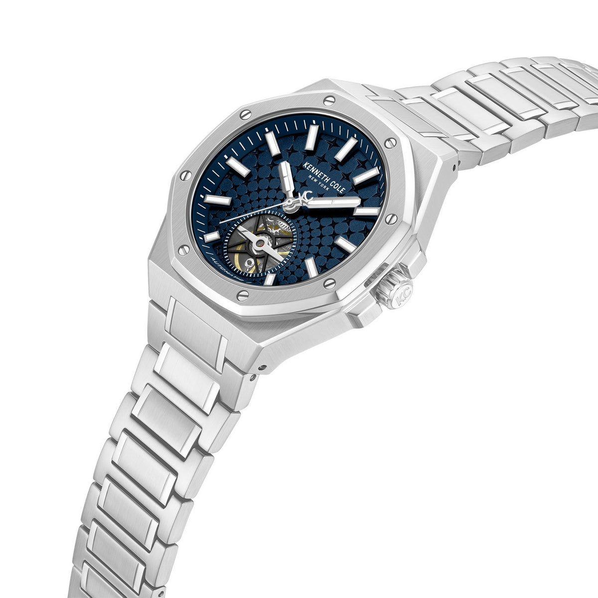 Silver watch with blue dial on a white background