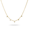 A delicate gold chain necklace featuring five small, spaced-out round clear gemstone pendants on a white background with a soft shadow underneath.