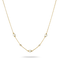 A delicate gold necklace featuring three white freshwater pearls and three small clear crystal clusters spaced along the chain, displayed on a clean white background.