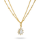 A gold double-strand necklace featuring a delicate chain and a central pendant with a pear-cut clear gemstone surrounded by small round stones in a gold setting, shown on a white background.