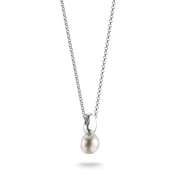 A silver chain necklace featuring a polished silver capsule-shaped setting holding a single baroque pearl pendant, shown against a plain white background.