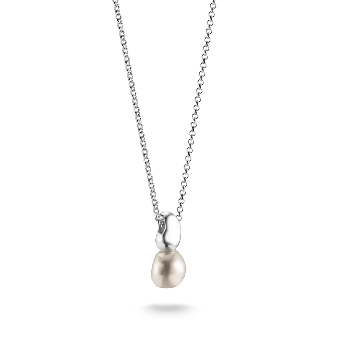 A silver chain necklace featuring a polished silver capsule-shaped setting holding a single baroque pearl pendant, shown against a plain white background.
