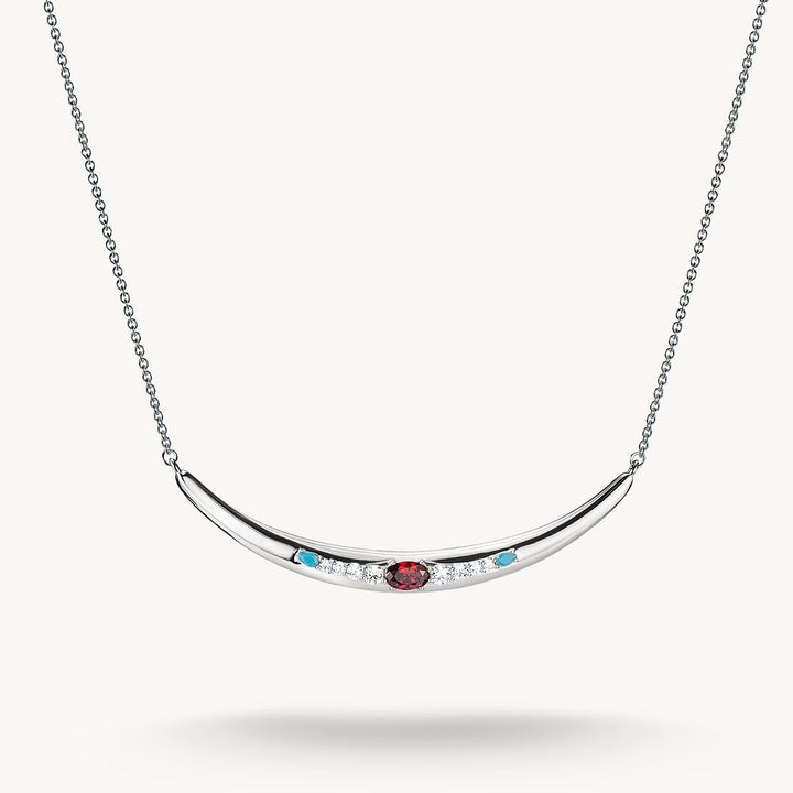 Silver necklace with gemstones on a white background