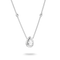 A silver-toned necklace featuring a pear-cut clear gemstone pendant in a prong setting, with a delicate chain accented by two small round bezel-set stones, shown on a white background with a soft shadow.