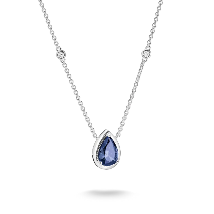 A silver chain necklace featuring a teardrop-shaped blue gemstone pendant with a silver bezel and small clear accent stones, shown on a clean white background.