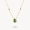 Gold necklace with a green teardrop pendant on a white background