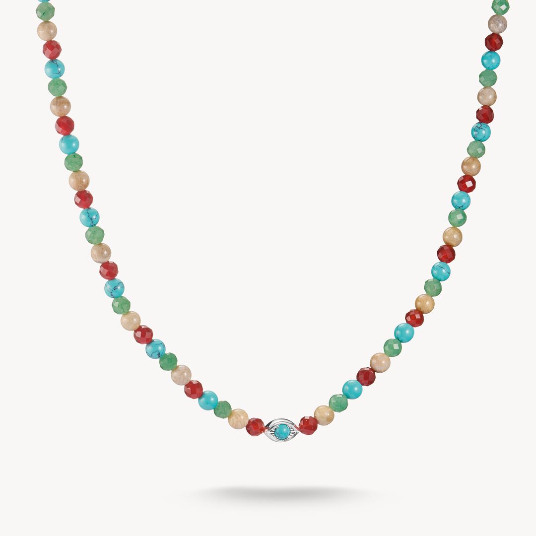 Multicolored beaded necklace on a white background