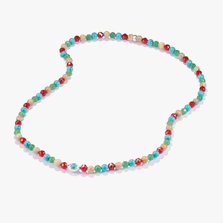 Colorful beaded necklace on a white background