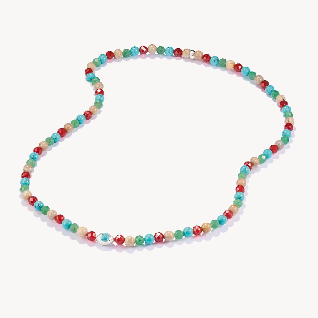 Multicolored beaded necklace on a white background