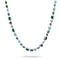 A silver-toned necklace featuring a series of colorful gemstones, including emerald-cut green, oval blue, round turquoise, and marquise-cut light blue stones, displayed against a clean white background.