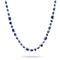 A silver-toned necklace featuring multiple strands of deep blue gemstones in varied shapes, including emerald, round, and marquise cuts, displayed against a clean white background.