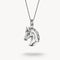 Silver horse head pendant on a chain against a white background