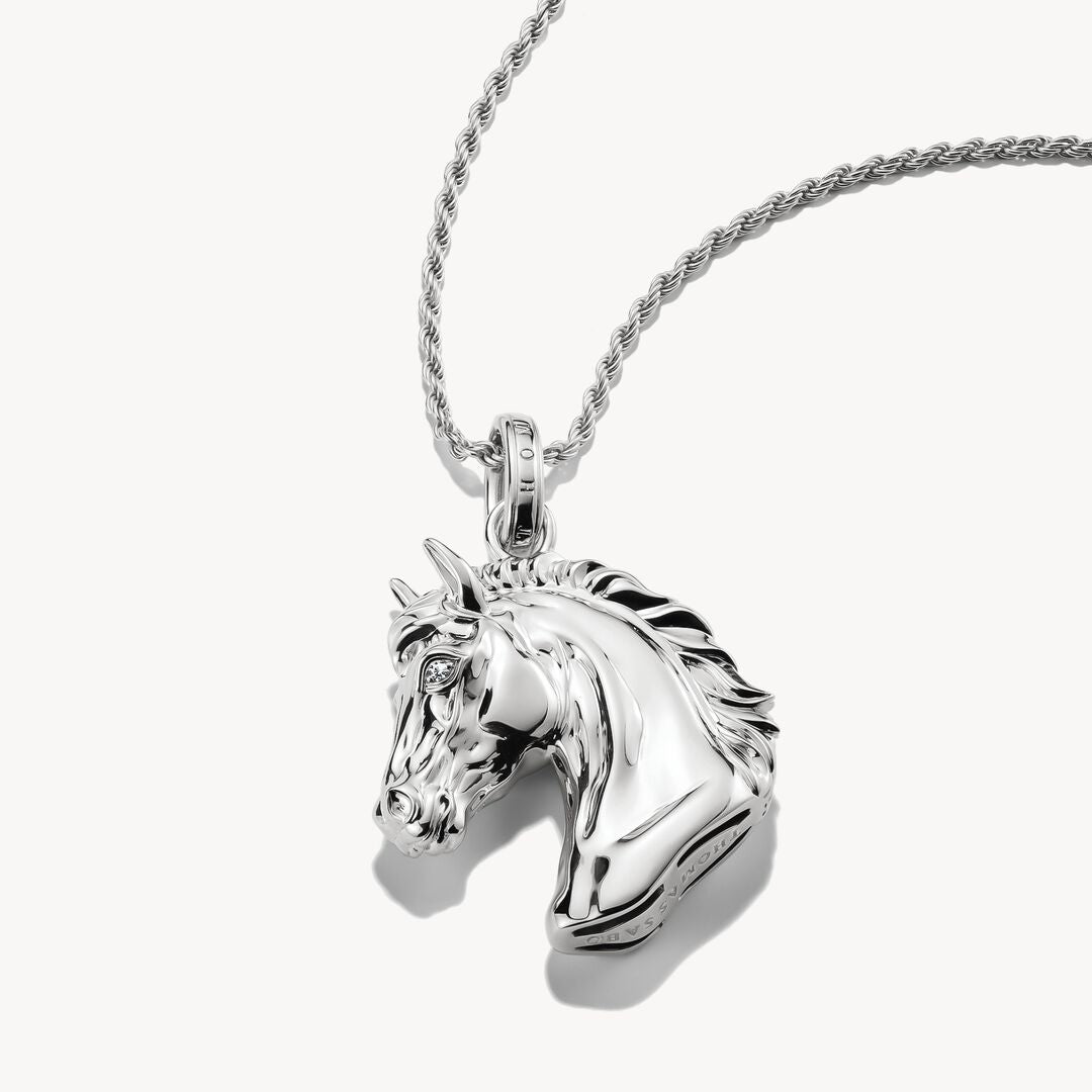 Silver horse head pendant on a white background
