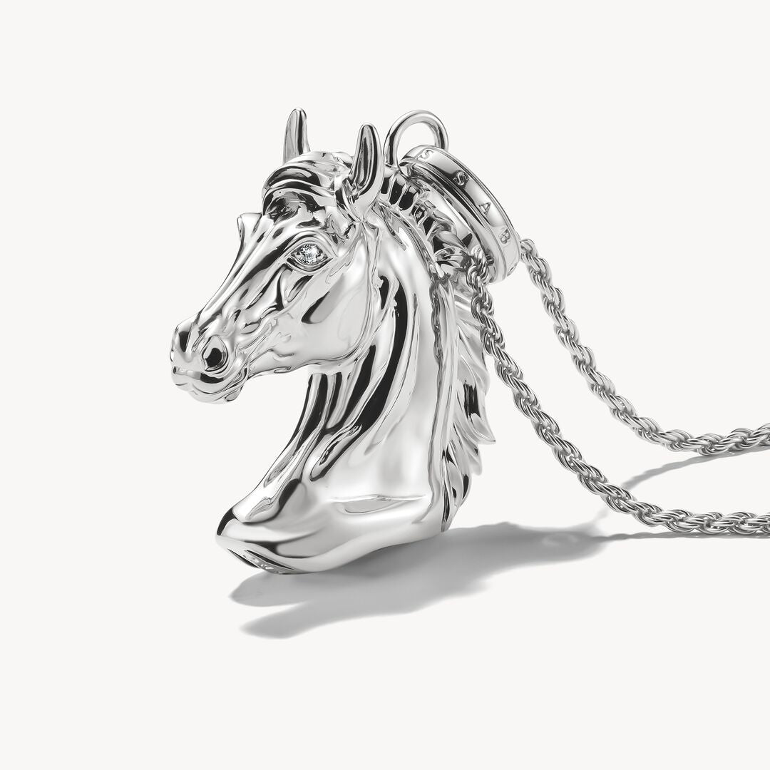 Silver horse head pendant on a chain against a white background